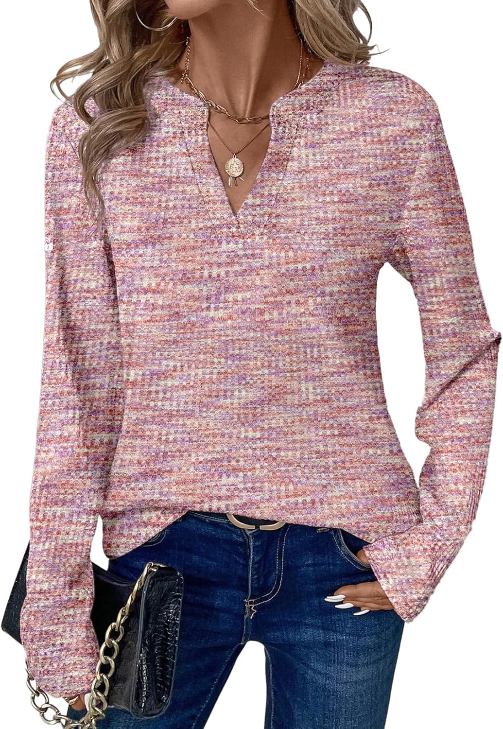 Dokotoo Womens Waffle Knit Tops V Neck Long Sleeve Henley Shirts Spring Fashion 2026 Dresy Casual Blouses