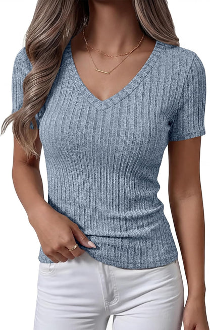 ANRABESS Womens Tops Short Sleeve V Neck Shirts Slim Fit Ribbed Knit Shirt 2026 Summer Dressy Casual Lightweight Sweaters