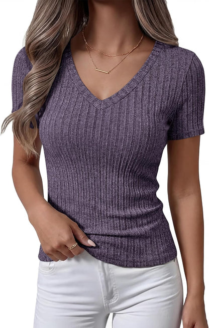 ANRABESS Womens Tops Short Sleeve V Neck Shirts Slim Fit Ribbed Knit Shirt 2026 Summer Dressy Casual Lightweight Sweaters