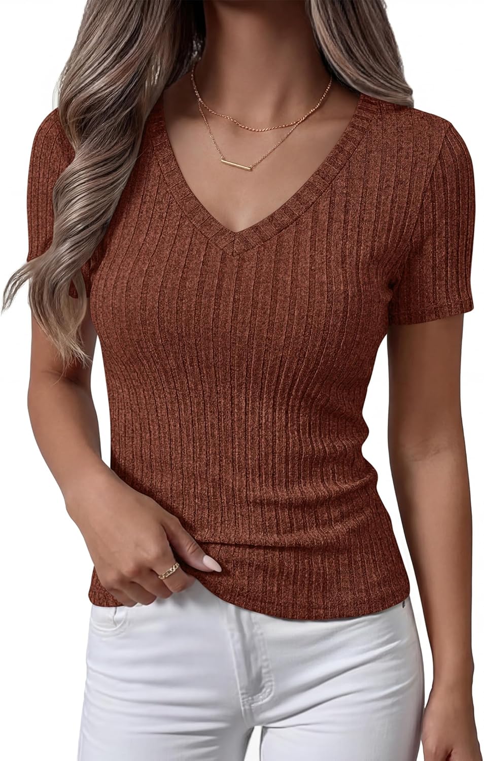 ANRABESS Womens Tops Short Sleeve V Neck Shirts Slim Fit Ribbed Knit Shirt 2026 Summer Dressy Casual Lightweight Sweaters