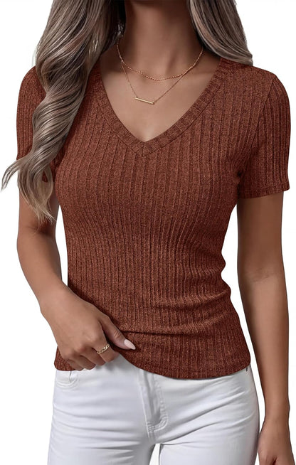 ANRABESS Womens Tops Short Sleeve V Neck Shirts Slim Fit Ribbed Knit Shirt 2026 Summer Dressy Casual Lightweight Sweaters