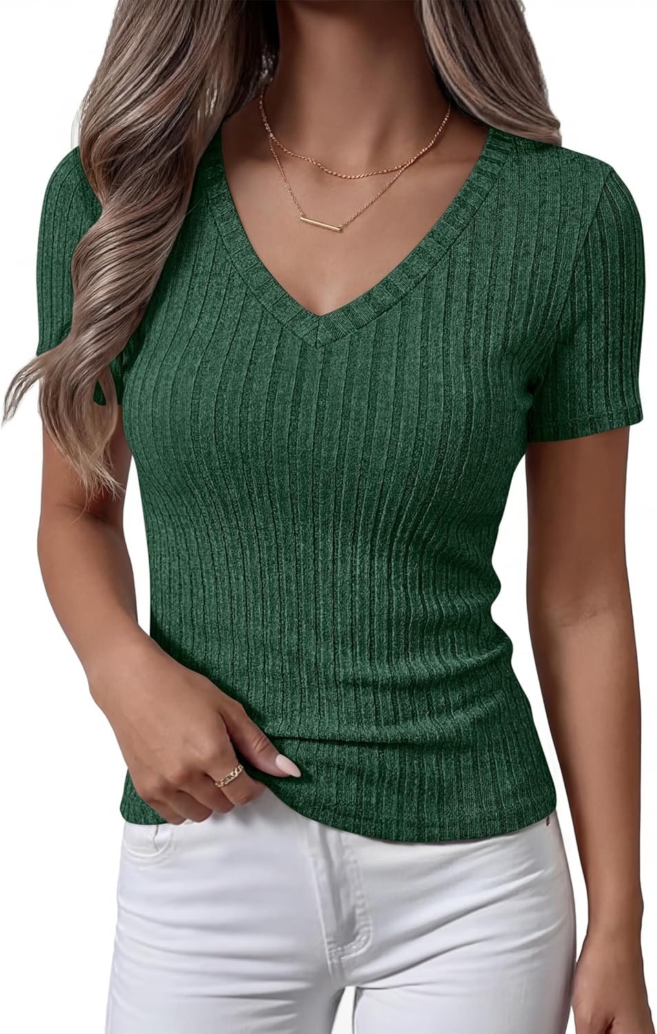 ANRABESS Womens Tops Short Sleeve V Neck Shirts Slim Fit Ribbed Knit Shirt 2026 Summer Dressy Casual Lightweight Sweaters