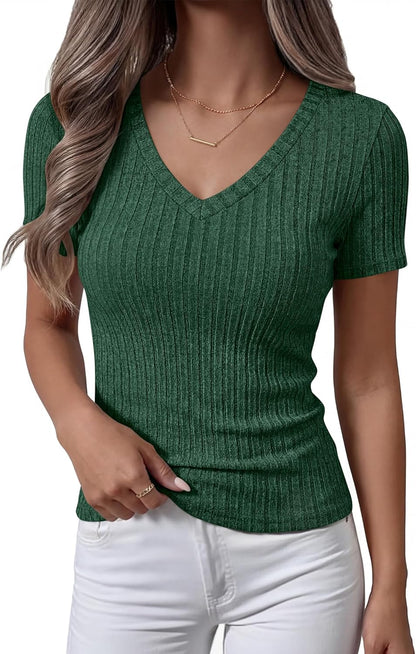 ANRABESS Womens Tops Short Sleeve V Neck Shirts Slim Fit Ribbed Knit Shirt 2026 Summer Dressy Casual Lightweight Sweaters