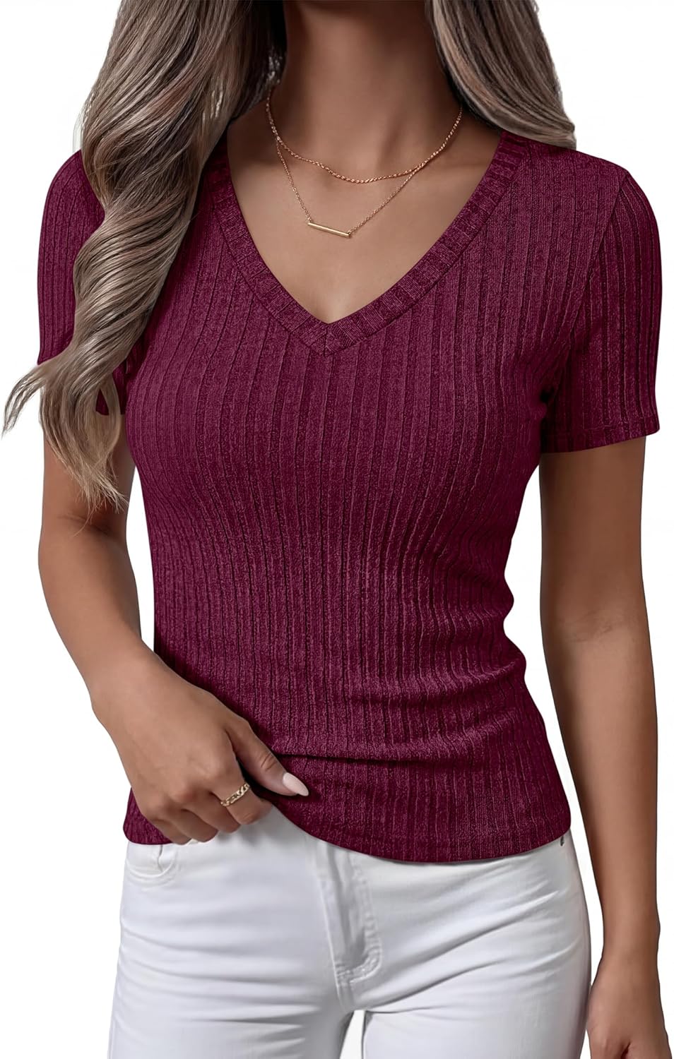 ANRABESS Womens Tops Short Sleeve V Neck Shirts Slim Fit Ribbed Knit Shirt 2026 Summer Dressy Casual Lightweight Sweaters