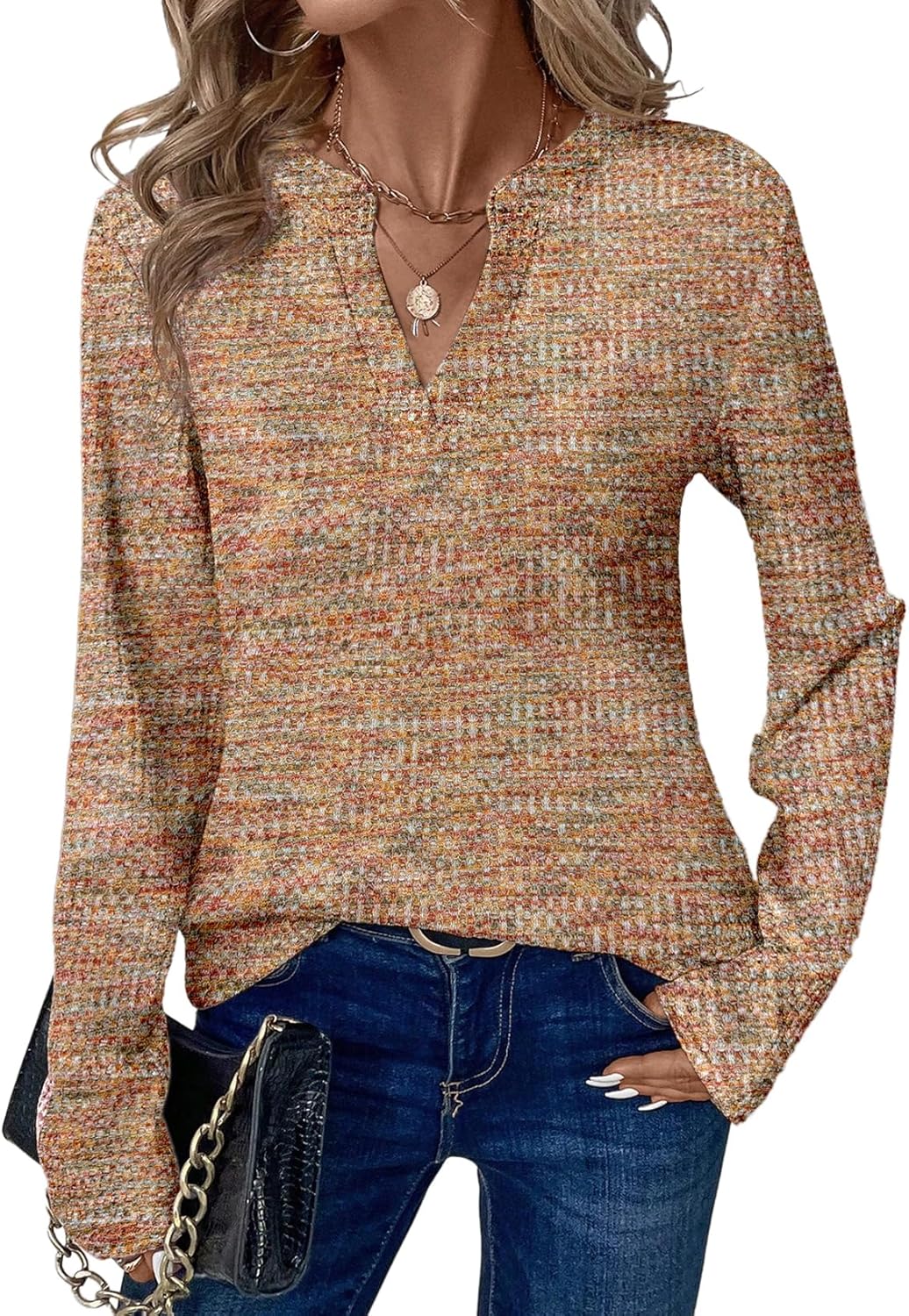Dokotoo Womens Waffle Knit Tops V Neck Long Sleeve Henley Shirts Spring Fashion 2026 Dresy Casual Blouses