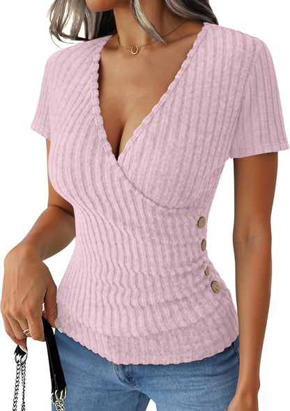 ANRABESS Womens Tops Short Sleeve V Neck Sexy Ribbed Knit Slim Fit Lightweight Sweater 2026 Summer Dressy Casual T-Shirts