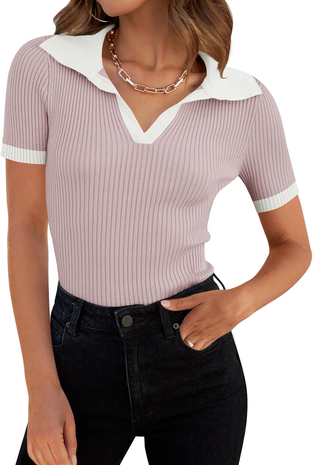 ZESICA Women's Short Sleeve V Neck T Shirts 2026 Summer Ribbed Knit Slim Fitted Basic Solid Color Tee Tops