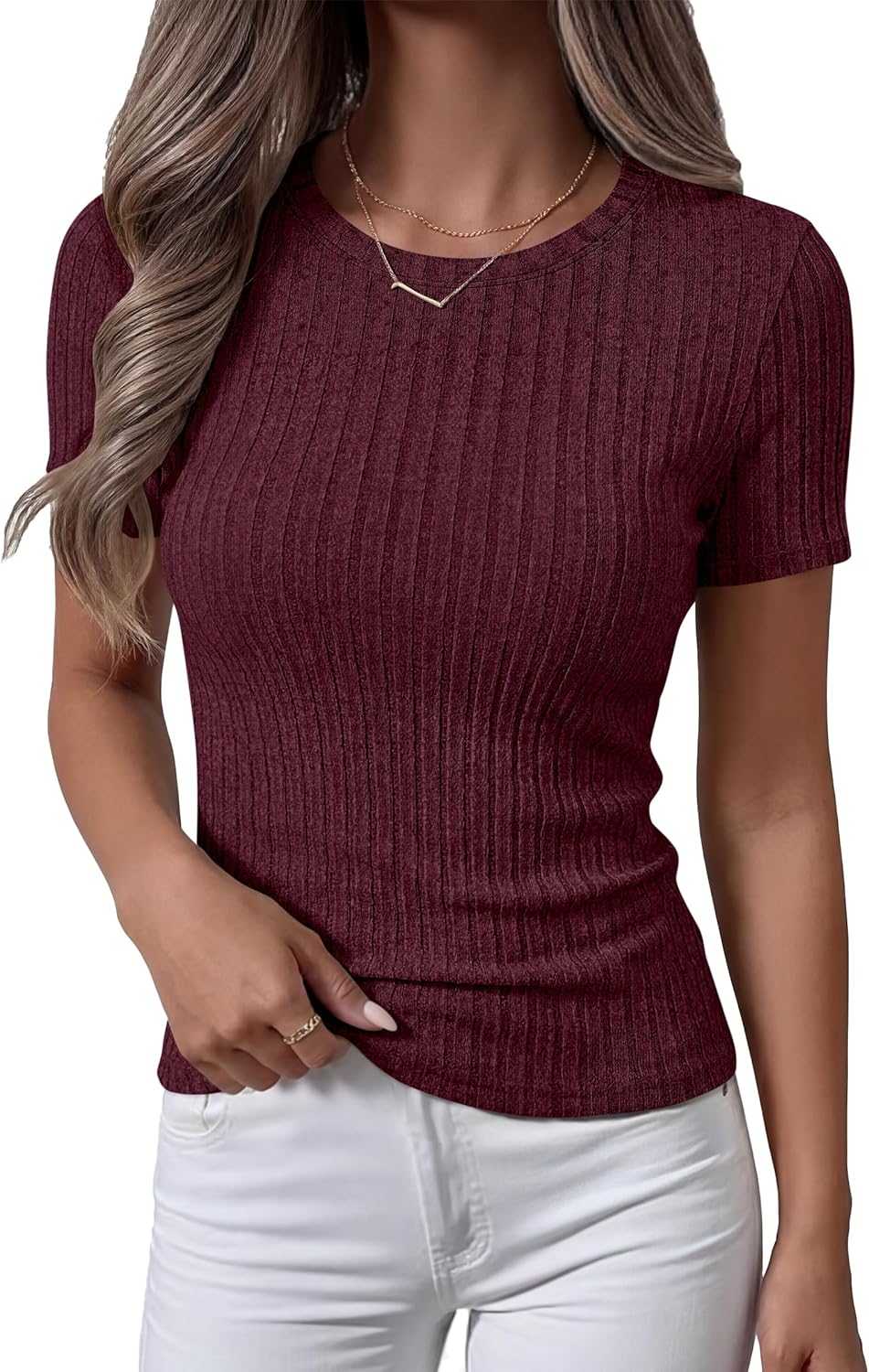 ANRABESS Womens Tops Short Sleeve Crewneck Shirts Slim Fit Ribbed Knit Lightweight Sweater 2026 Summer Dressy Casual T-Shirts